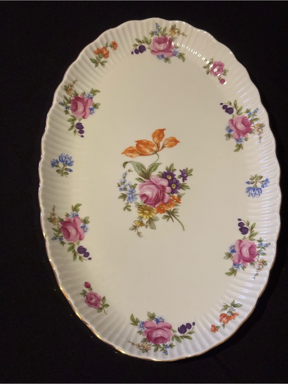 Vintage Porcelain Floral Oval Serving Platter Gold Trim.